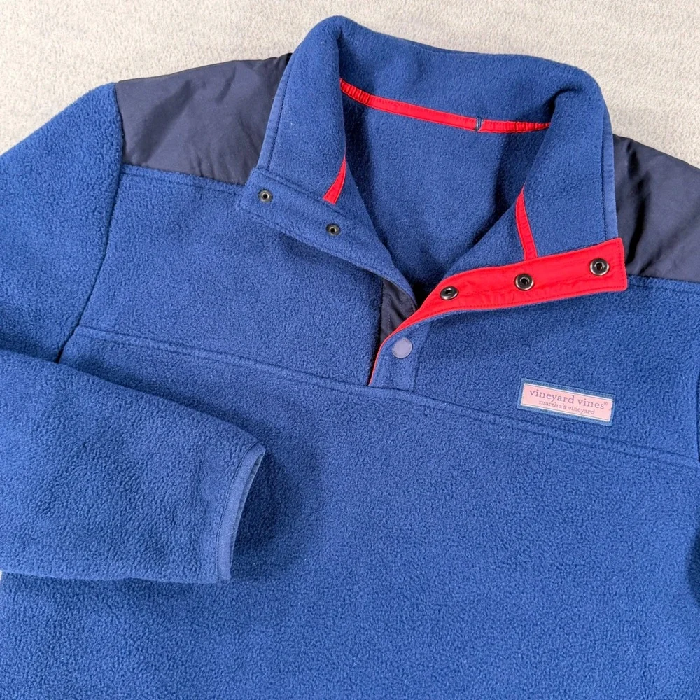 Vineyard Vines Fleece Pullover Mens S M Blue Red Snap Neck Mock Neck preppy teen